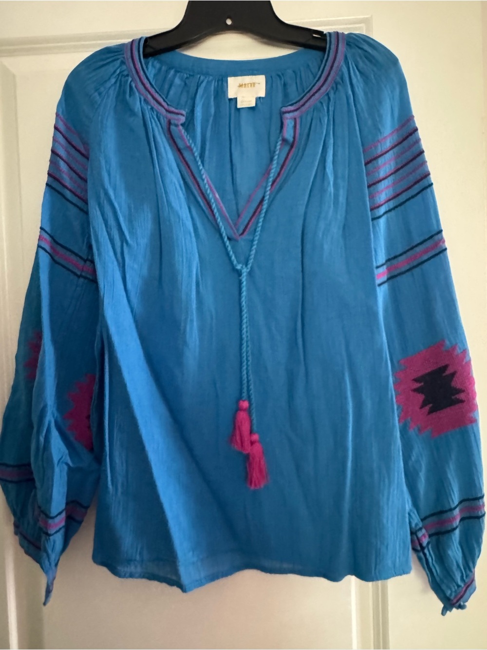 Mystree Turquoise Boho Embroidered Tunic with Pink Tassels